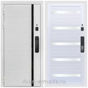 Двери МДФ для квартиры, Умная входная смарт-дверь Армада Каскад WHITE МДФ 10 мм Kaadas K9 / МДФ 16 мм СБ-14 Сандал белый стекло белое